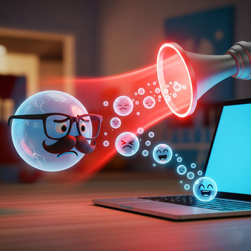 3D cartoon bubble in disguise being rejected by a laptop funnel, while glowing email bubbles flow inside, symbolizing disposable email filtering.