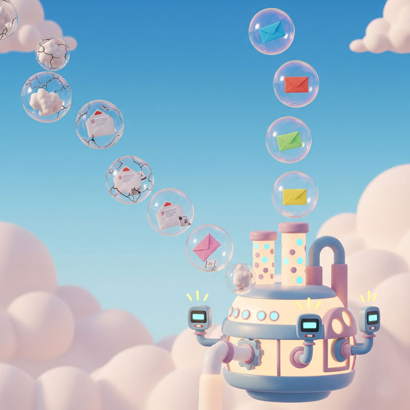 3D cartoon bubble factory cleaning cracked email bubbles into glowing valid ones, symbolizing how email validation works.