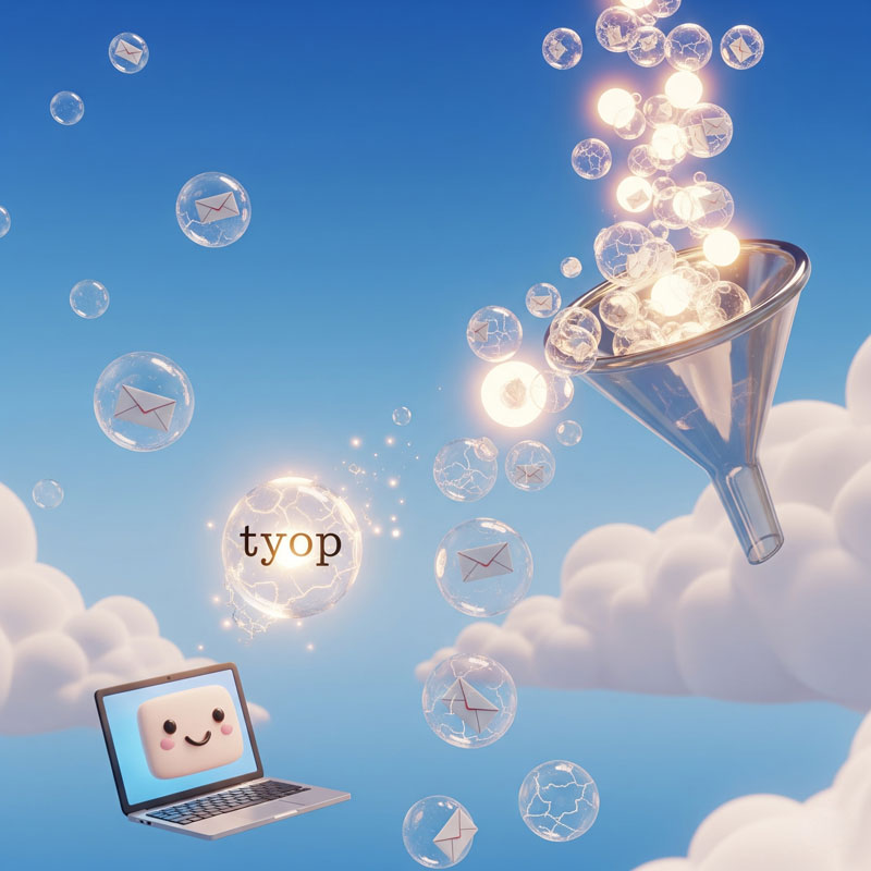 3D cartoon split scene with one bubble being corrected in real-time and a funnel cleaning many bubbles, showing validation vs. bulk cleaning.