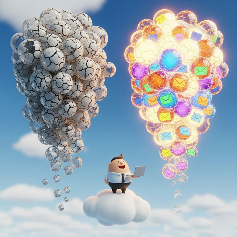 3D cartoon bubbles comparing invalid cracked emails falling versus glowing valid emails rising, showing why businesses need validation.