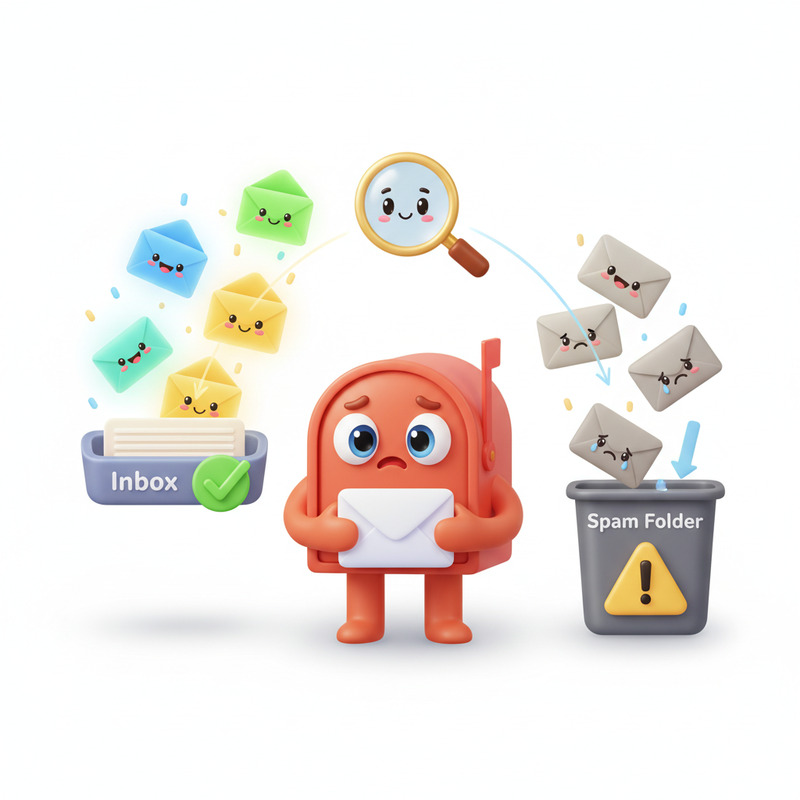 cartoon illustration of a mailbox character sorting glowing envelopes into inbox and sad envelopes into a spam folder, representing why emails go to spam in 2025