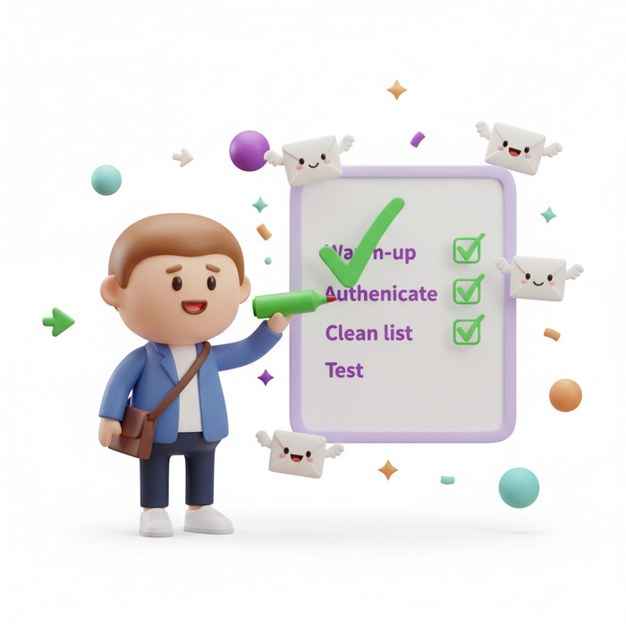 illustration of a marketer character checking off a deliverability checklist with items like Warm-up, Authenticate, Clean list, and Test, showing successful email practices.
